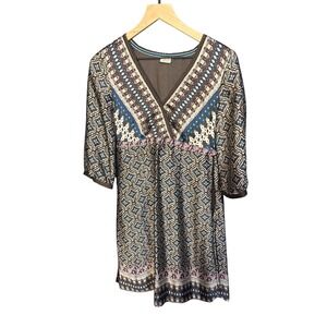 Esprit Boho Print V Neck 3/4 Sleeve Mini Dress Women's Size 6 Brown Blue